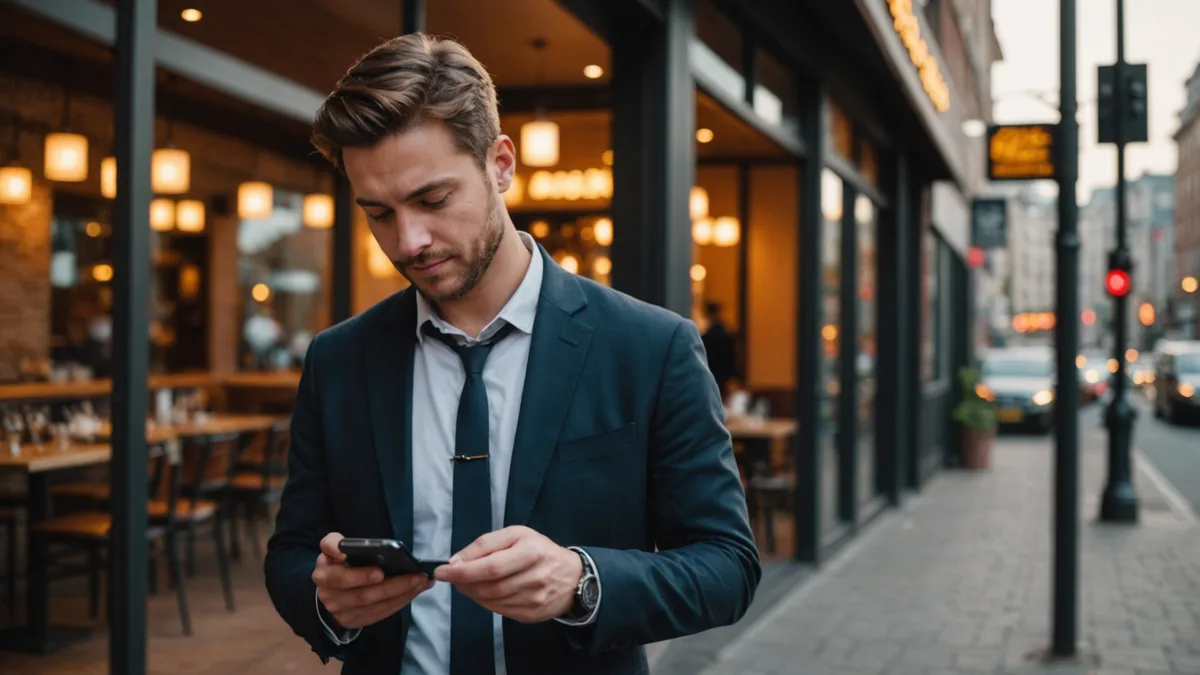 Restaurant owner checking phone notifications off-site