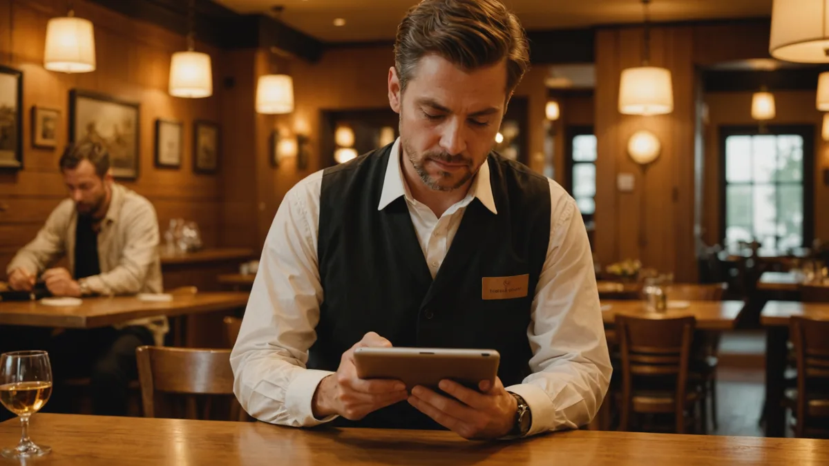Laptop and phone on a restaurant counter